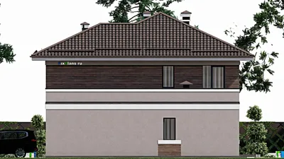 Проект двухэтажного дома 13 на 17, площадью 300 м² с террасой, балконом, гаражом на 2 машины и 4 спальнями — фасад 5