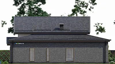 Проект дома с мансардой 17 на 19, площадью 310 м² с террасой, гаражом на 1 машину и 3 спальнями — фасад 5