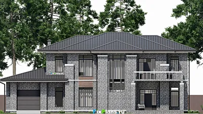 Проект двухэтажного дома 16 на 23, площадью 320 м² с террасой, балконом, гаражом на 1 машину и 4 спальнями — фасад 6