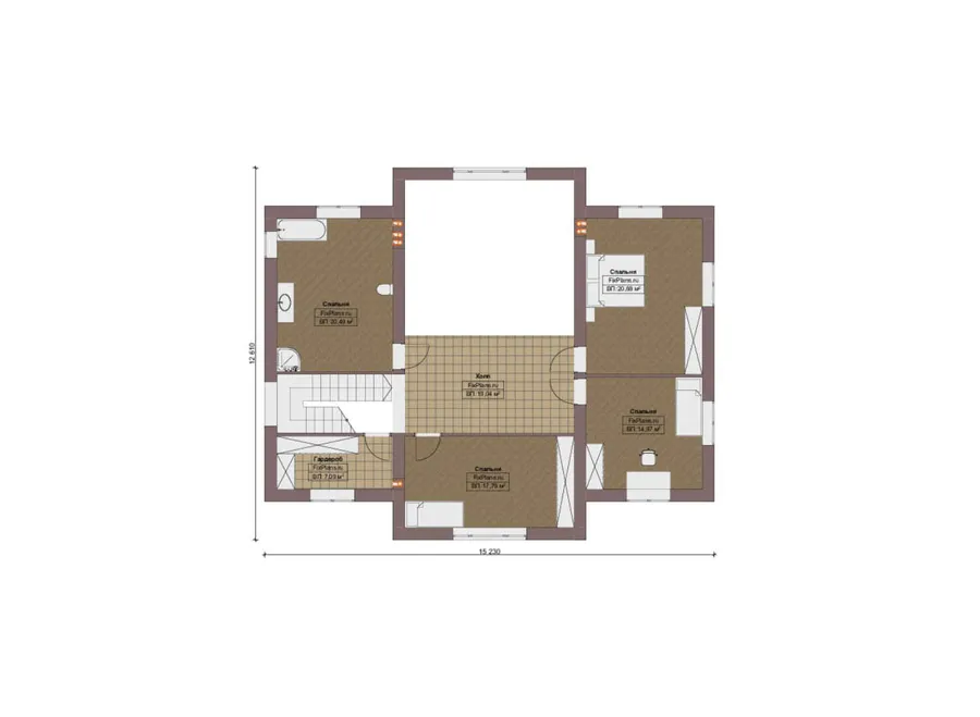 Проект двухэтажного дома 21 на 22, площадью 350 м² с террасой и 4 спальнями — 2-й этаж
