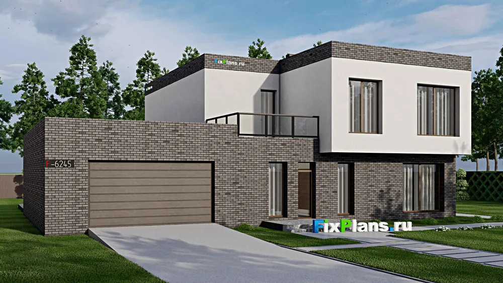 Проект двухэтажного дома 19 на 20, площадью 450 м² с террасой, балконом, гаражом на 2 машины и 5 спальнями — фасад 1