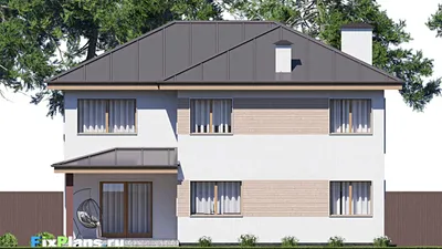 Проект двухэтажного дома 14 на 19, площадью 310 м² с террасой, балконом, гаражом на 2 машины и 4 спальнями — фасад 6