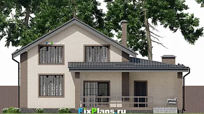 Проект дома с мансардой 12 на 14, площадью 200 м² с террасой, балконом, гаражом на 1 машину и 3 спальнями — фасад 6