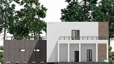 Проект двухэтажного дома 21 на 22, площадью 450 м² с террасой, баней, гаражом на 2 машины и 3 спальнями — фасад 4