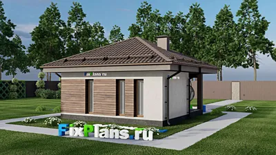Проект бани 7 на 7, площадью 40 м² с комнатой отдыха, терассой и санузлом — фасад 2