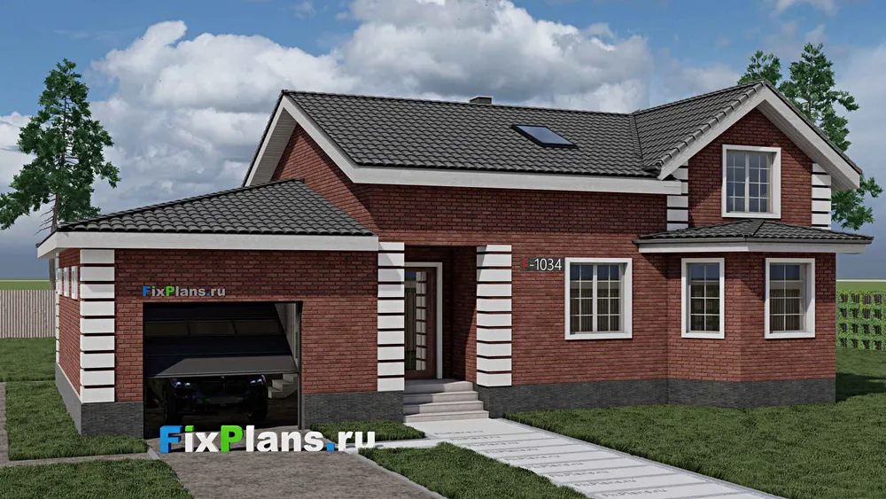 Проект дома с мансардой 12 на 17, площадью 240 м² с террасой, гаражом на 2 машины и 3 спальнями — фасад 1