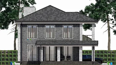 Проект двухэтажного дома 11 на 13, площадью 250 м² с террасой, балконом и 4 спальнями — фасад 6