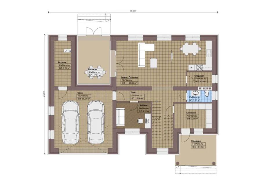 Проект двухэтажного дома 12 на 17, площадью 240 м² с террасой, гаражом на 2 машины и 4 спальнями — 1-й этаж