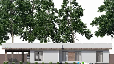 Проект одноэтажного дома 22 на 25, площадью 300 м² с террасой, баней, гаражом на 2 машины и 2 спальнями — фасад 6