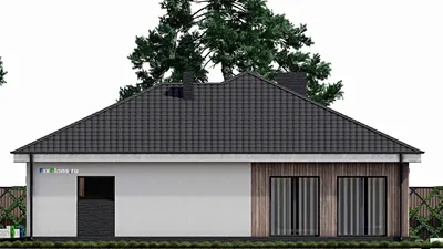 Проект одноэтажного дома 16 на 19, площадью 220 м² с террасой, гаражом на 2 машины и 2 спальнями (F-0296) — фасад 6