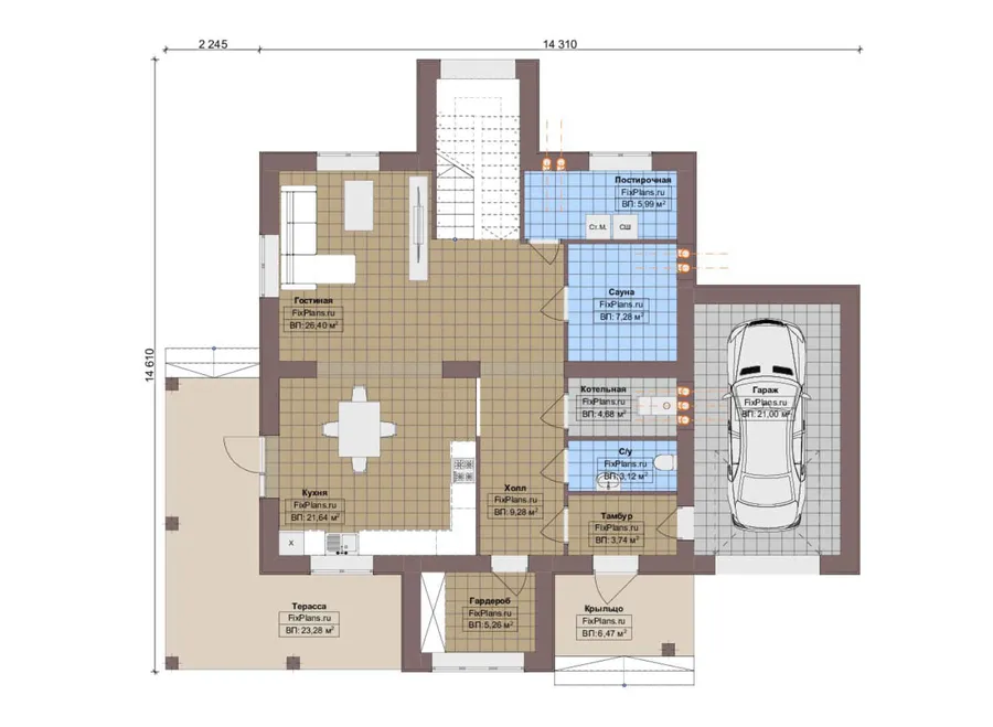 Проект двухэтажного дома 15 на 15, площадью 240 м² с террасой, балконом, баней, гаражом на 1 машину и 3 спальнями — 1-й этаж