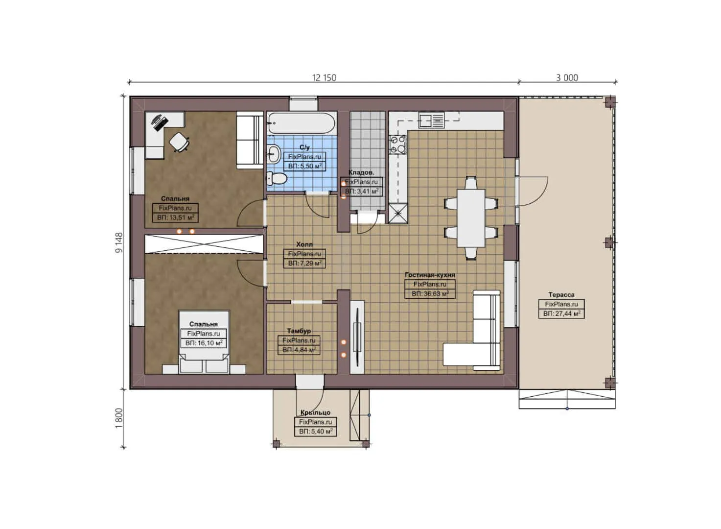 F-2150 - План одноэтажного дома 10 на 13, площадью 120 м² с террасой и 2 спальнями