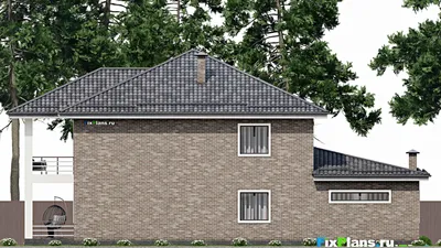 Проект двухэтажного дома 17 на 18, площадью 370 м² с террасой, балконом, баней, гаражом на 1 машину, бассейном и 4 спальнями — фасад 6