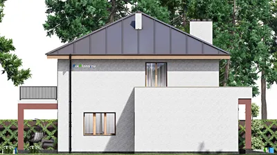 Проект двухэтажного дома 16 на 16, площадью 290 м² с террасой, балконом, гаражом на 1 машину и 4 спальнями — фасад 4