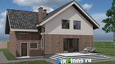 Проект дома с мансардой 13 на 13, площадью 260 м² с террасой, балконом, гаражом на 1 машину и 4 спальнями — фасад 2