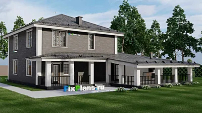 Проект двухэтажного дома 18 на 19, площадью 320 м² с террасой, гаражом на 2 машины и 3 спальнями — фасад 2