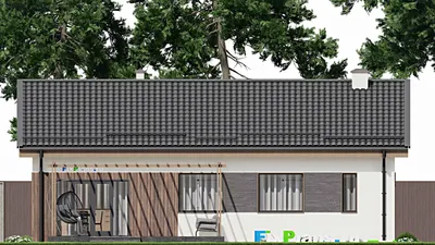 Проект одноэтажного дома 10 на 14, площадью 140 м² с террасой и 3 спальнями (F-5597) — фасад 6