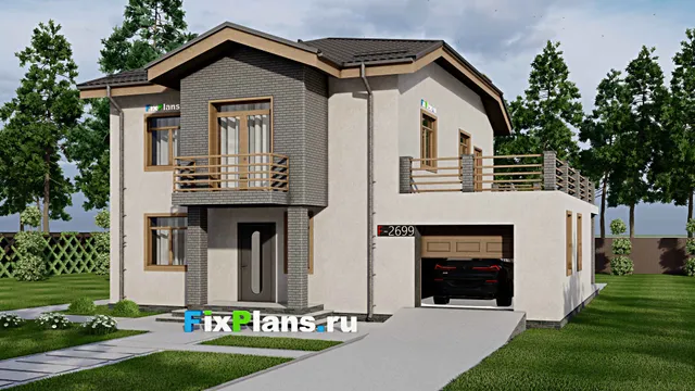 Проект двухэтажного дома 14 на 14, площадью 300 м² с террасой, балконом, гаражом на 1 машину, бассейном и 4 спальнями