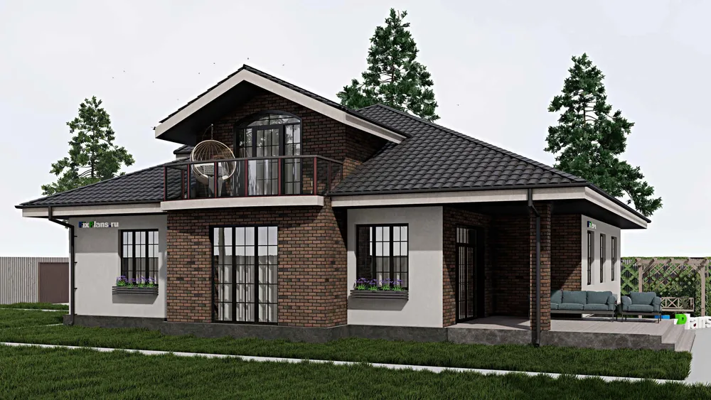 Проект дома с мансардой 15 на 17, площадью 250 м² с террасой, балконом, гаражом на 1 машину и 4 спальнями — фасад 1