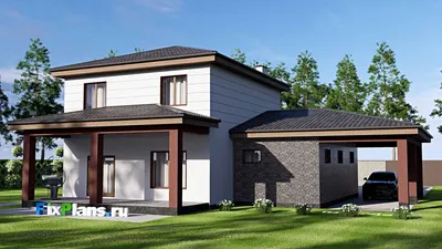 Проект двухэтажного дома 16 на 18, площадью 240 м² с террасой, гаражом на 1 машину и 4 спальнями — фасад 2