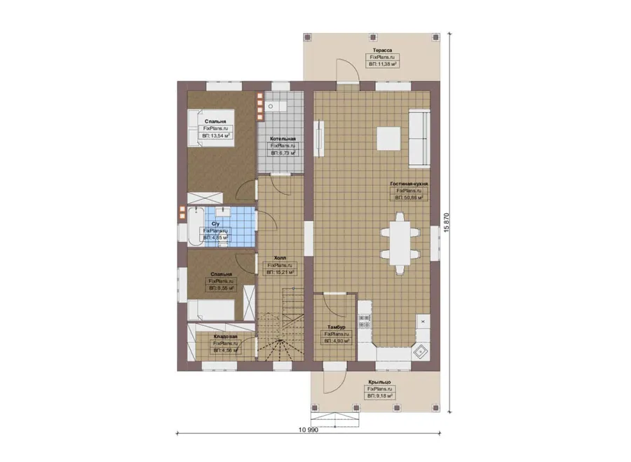Проект дома с мансардой 11 на 16, площадью 250 м² с террасой, балконом и 4 спальнями — 1-й этаж