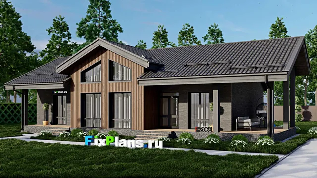 Проект одноэтажного дома 11 на 17, площадью 150 м² с террасой и 3 спальнями