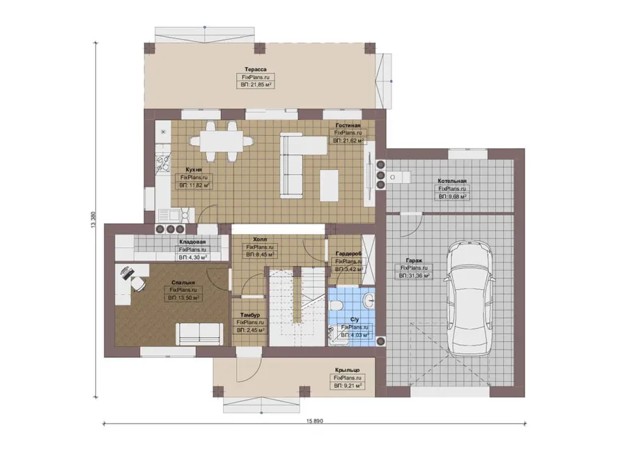 Проект двухэтажного дома 14 на 16, площадью 260 м² с террасой, гаражом на 1 машину и 4 спальнями — 1-й этаж