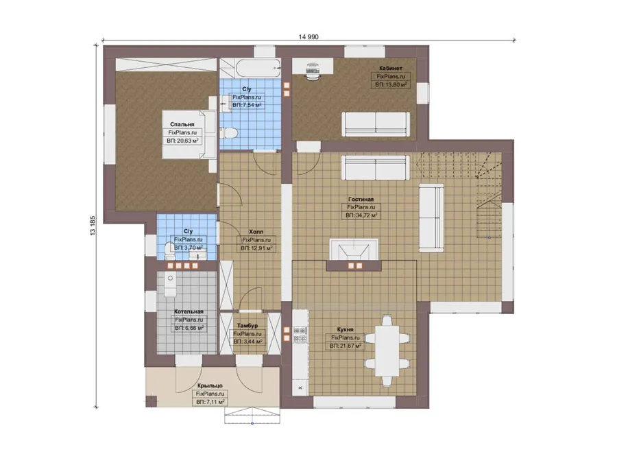 Проект двухэтажного дома 14 на 15, площадью 250 м² с балконом и 5 спальнями — 1-й этаж