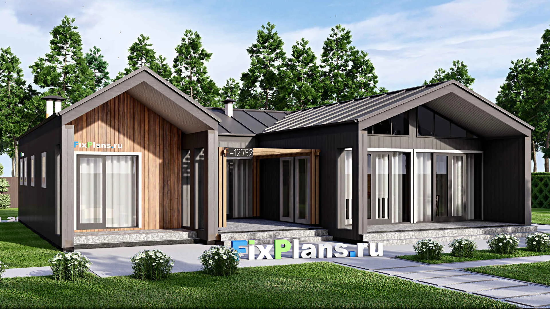 F-12752 - Проект одноэтажного дома 16 на 16, площадью 190 м² с террасой, баней и 3 спальнями