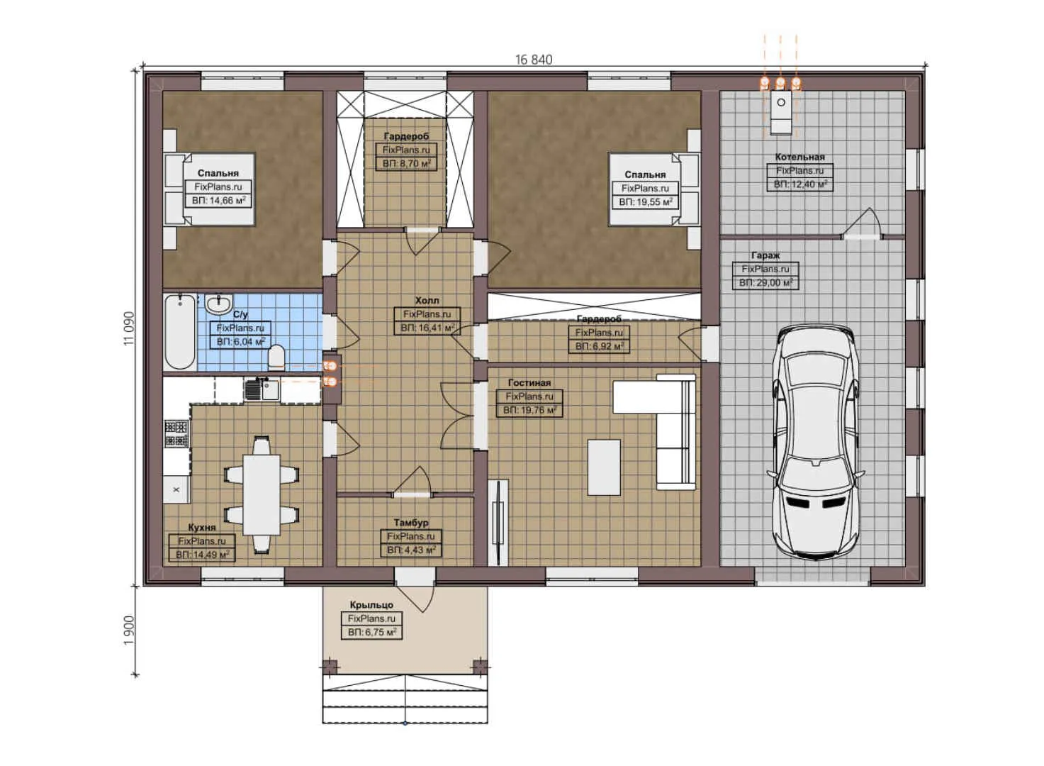 F-4679 - План одноэтажного дома 12 на 17, площадью 160 м² с гаражом на 1 машину и 2 спальнями