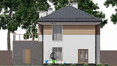 Проект двухэтажного дома 14 на 18, площадью 270 м² с террасой, балконом, гаражом на 1 машину и 4 спальнями — фасад 6
