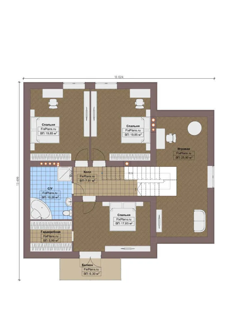 Проект дома с мансардой 13 на 13, площадью 260 м² с террасой, балконом, гаражом на 1 машину и 4 спальнями — 2-й этаж