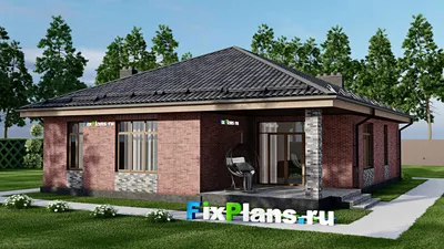 Проект одноэтажного дома 12 на 16, площадью 140 м² с террасой, баней и 2 спальнями — фасад 2