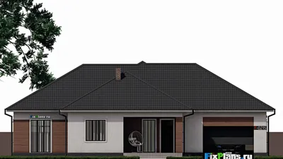 Проект одноэтажного дома 18 на 20, площадью 230 м² с террасой, гаражом на 2 машины и 3 спальнями (F-0215i) — фасад 3