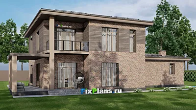 Проект двухэтажного дома 15 на 23, площадью 330 м² с террасой, балконом, гаражом на 2 машины и 4 спальнями — фасад 2