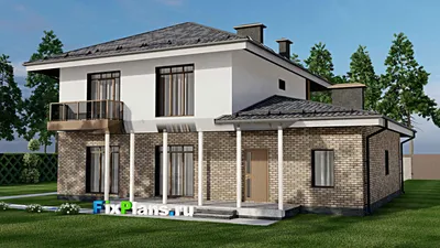 Проект двухэтажного дома 15 на 17, площадью 250 м² с террасой, балконом, гаражом на 2 машины и 4 спальнями — фасад 2