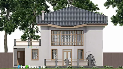 Проект двухэтажного дома 14 на 14, площадью 300 м² с террасой, балконом, гаражом на 1 машину, бассейном и 4 спальнями — фасад 6