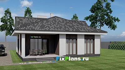 Проект одноэтажного дома 11 на 12, площадью 110 м² с террасой и 3 спальнями — фасад 2