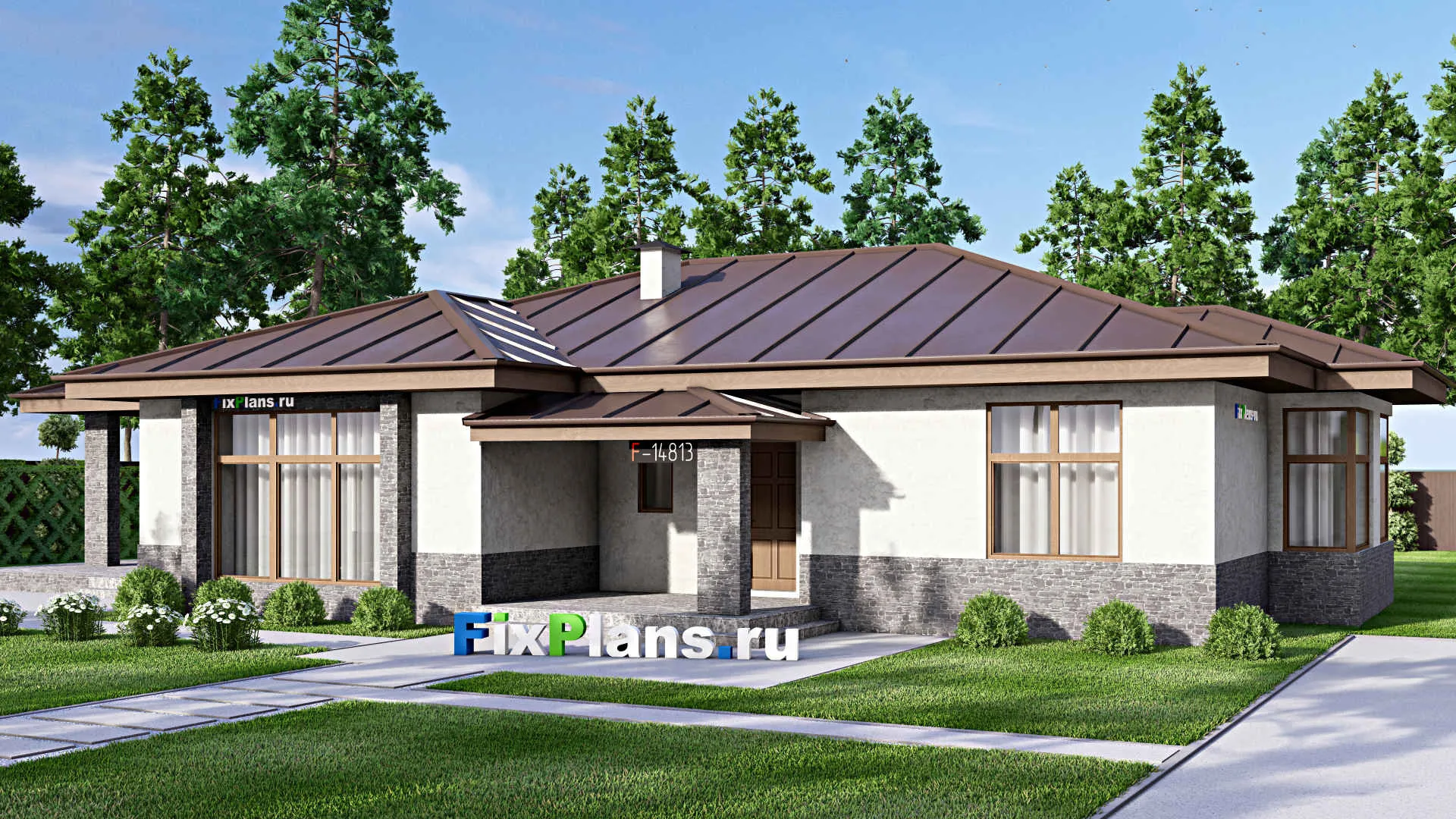 F-14813 - Проект одноэтажного дома 14 на 24, площадью 230 м² с террасой и 3 спальнями