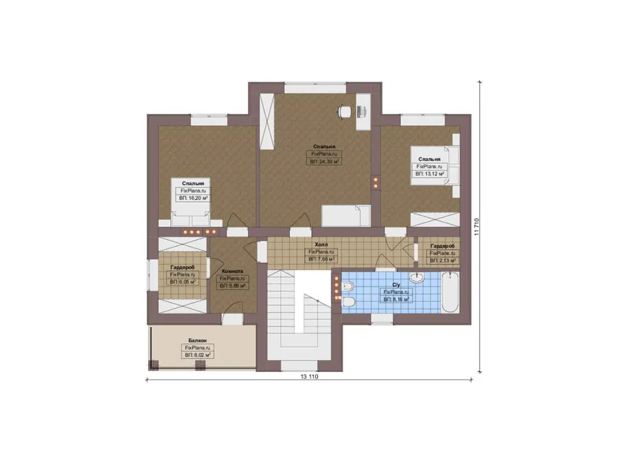 Проект дома с мансардой 14 на 22, площадью 270 м² с террасой, балконом, гаражом на 2 машины и 4 спальнями — 2-й этаж