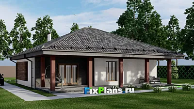 Проект одноэтажного дома 13 на 15, площадью 150 м² с террасой и 2 спальнями — фасад 2