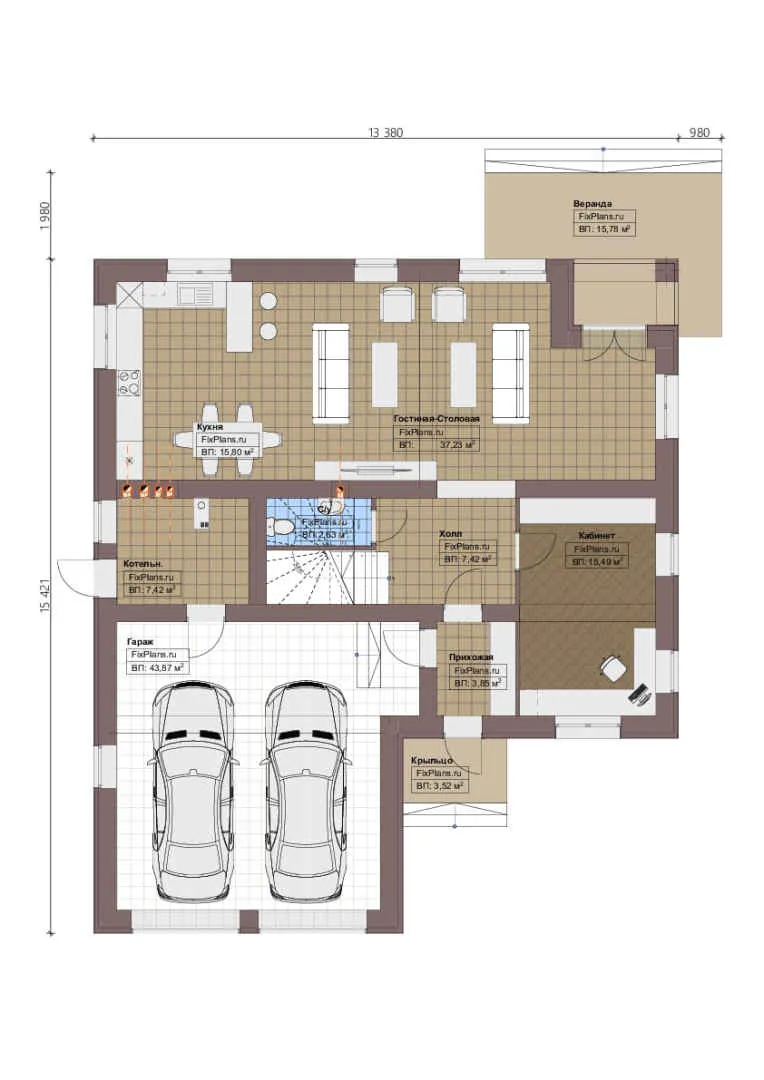 Проект двухэтажного дома 14 на 16, площадью 290 м² с террасой, балконом, гаражом на 2 машины и 2 спальнями — 1-й этаж