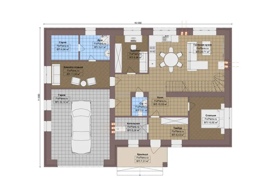 Проект двухэтажного дома 12 на 17, площадью 280 м² с балконом, баней, гаражом на 1 машину и 4 спальнями — 1-й этаж