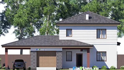 Проект двухэтажного дома 16 на 18, площадью 240 м² с террасой, гаражом на 1 машину и 4 спальнями — фасад 3