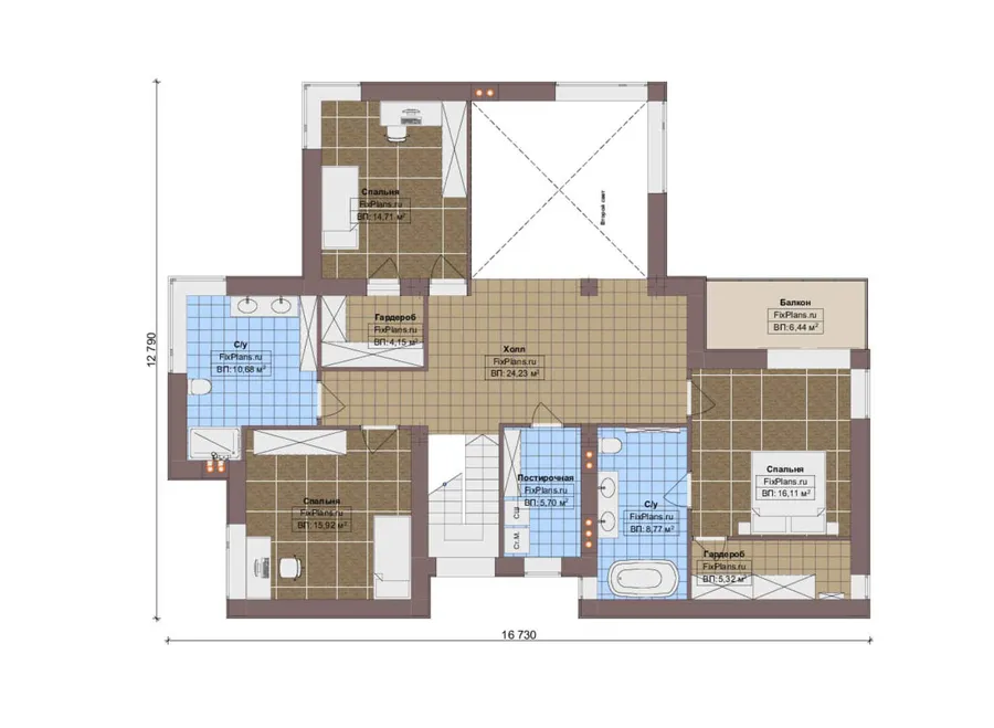 Проект двухэтажного дома 13 на 21, площадью 280 м² с террасой, балконом, баней, гаражом на 2 машины и 3 спальнями — 2-й этаж