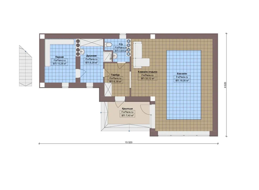 Проект бани 9 на 16, площадью 170 м² с комнатой отдыха, бассейном и санузлом — 2-й этаж