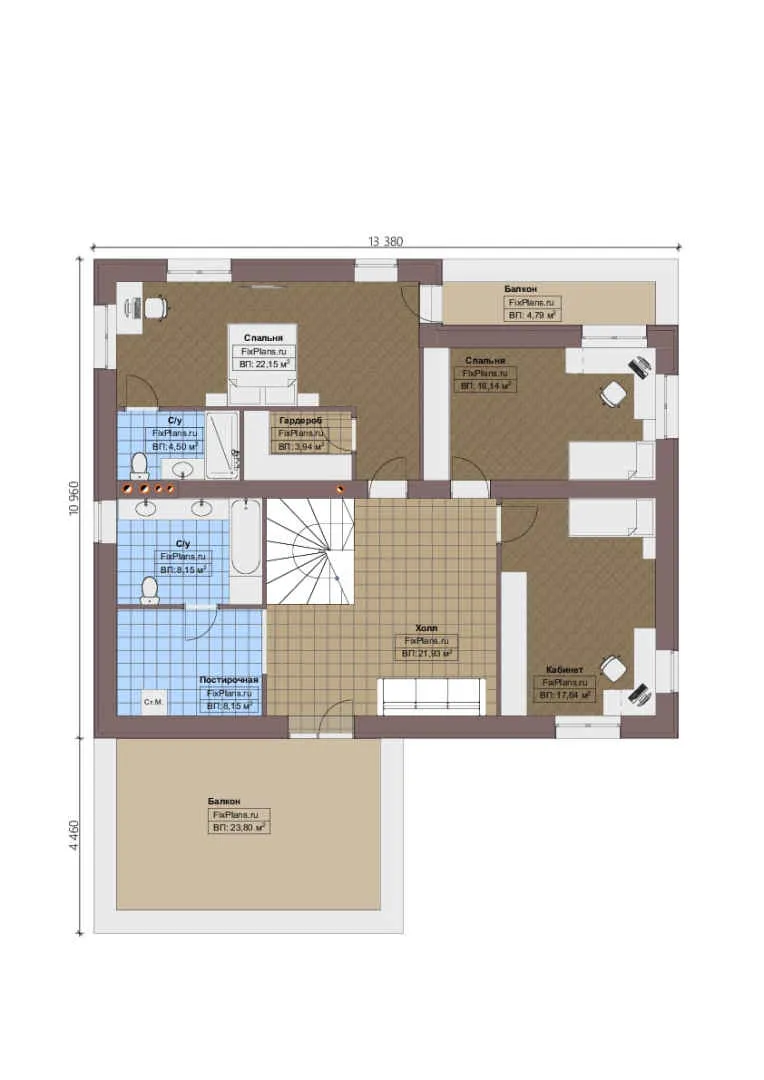 Проект двухэтажного дома 14 на 16, площадью 290 м² с террасой, балконом, гаражом на 2 машины и 2 спальнями — 2-й этаж