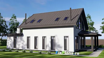 Проект дома с мансардой 14 на 21, площадью 320 м² с террасой, гаражом на 2 машины и 4 спальнями — фасад 2