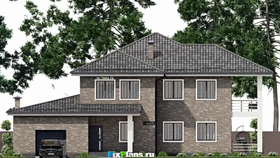 Проект двухэтажного дома 17 на 18, площадью 370 м² с террасой, балконом, баней, гаражом на 1 машину, бассейном и 4 спальнями — фасад 3