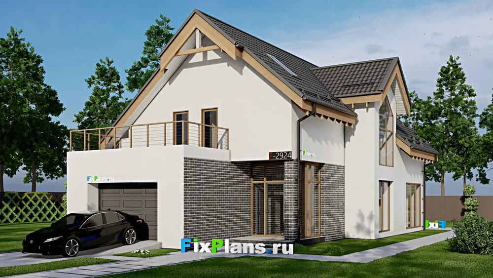 Проект дома с мансардой 11 на 19, площадью 240 м² с террасой, балконом, гаражом на 1 машину и 3 спальнями — фасад 1